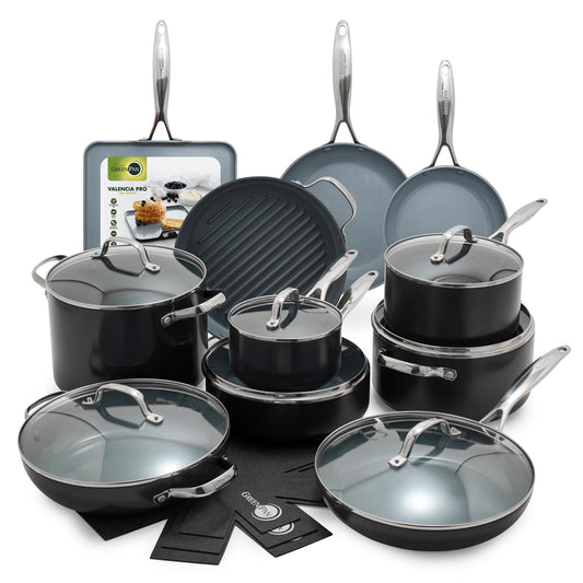 GreenPan 22 Piece Valencia Pro Ceramic Nonstick Cookware Set, PFAS-Free, Induction Ready, Hard Anodized Pots & Pans with Lids, Compatible on All Cooktops, Dishwasher & Oven Safe, Gray