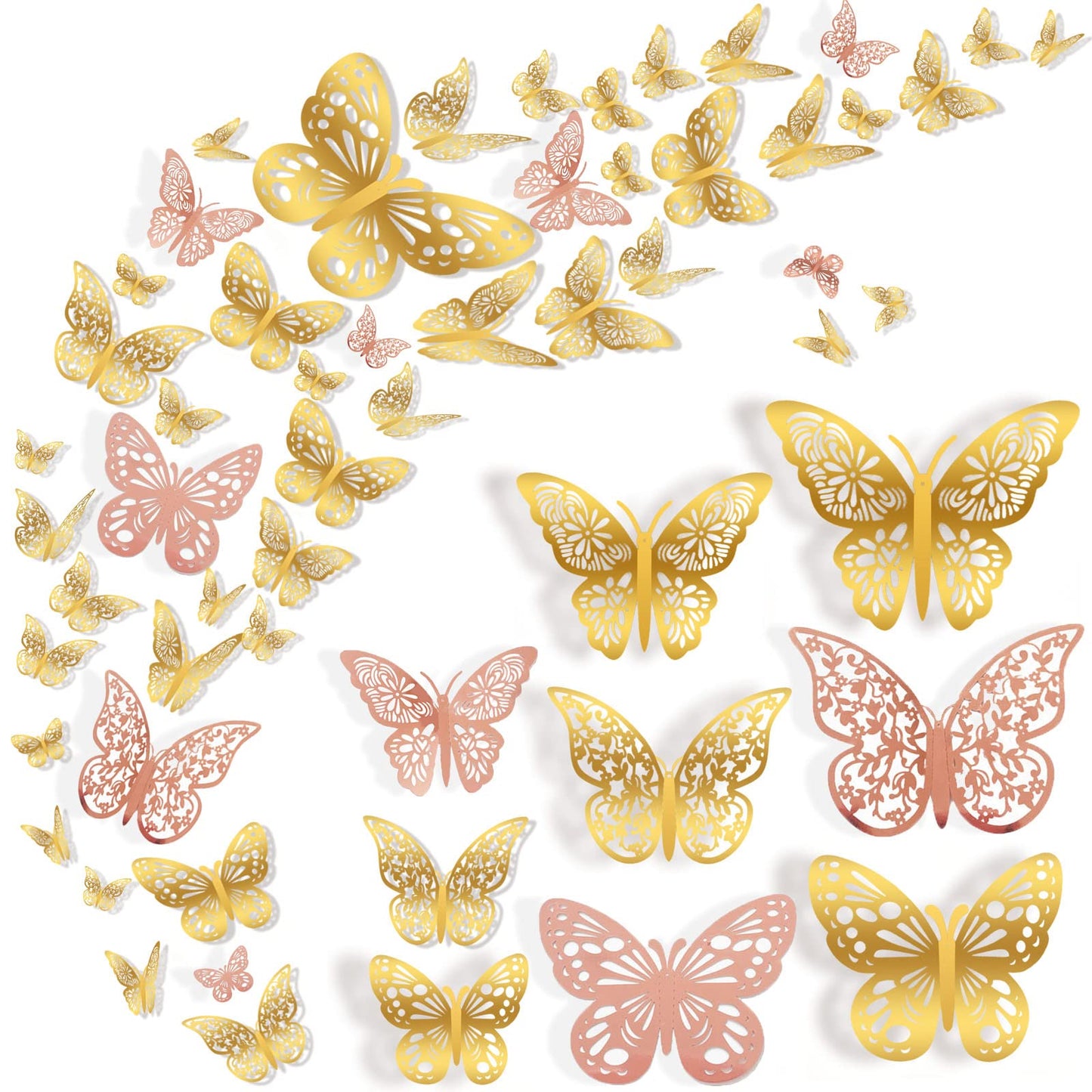 72 Pcs Butterfly Wall Decor, 3 Styles 3 Sizes 3D Butterfly, Gold and Rose Gold Butterfly, Wedding Decorations, Birthday Party Decorations, Girls Bedroom Decoration(72 Pcs, Gold and Rose Gold)