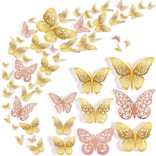 72 Pcs Butterfly Wall Decor, 3 Styles 3 Sizes 3D Butterfly, Gold and Rose Gold Butterfly, Wedding Decorations, Birthday Party Decorations, Girls Bedroom Decoration(72 Pcs, Gold and Rose Gold)