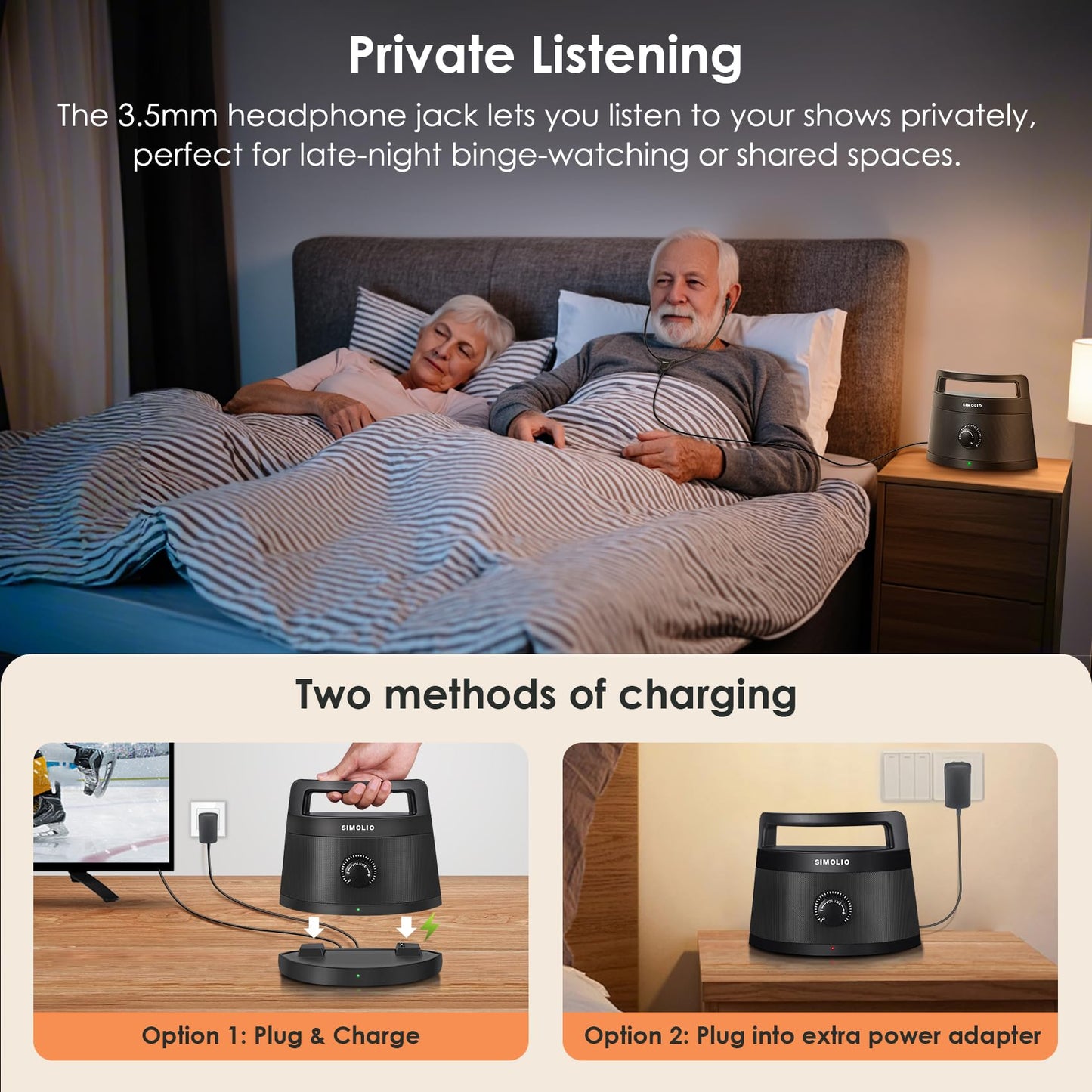 SIMOLIO Wireless TV Speakers for Seniors Hard of Hearing, 164ft Long Range, 3 EQ Modes, Voice Clarity Boost, Dual TV/Bluetooth Modes, Portable Rechargeable Speaker for TVs with Wired Headphones