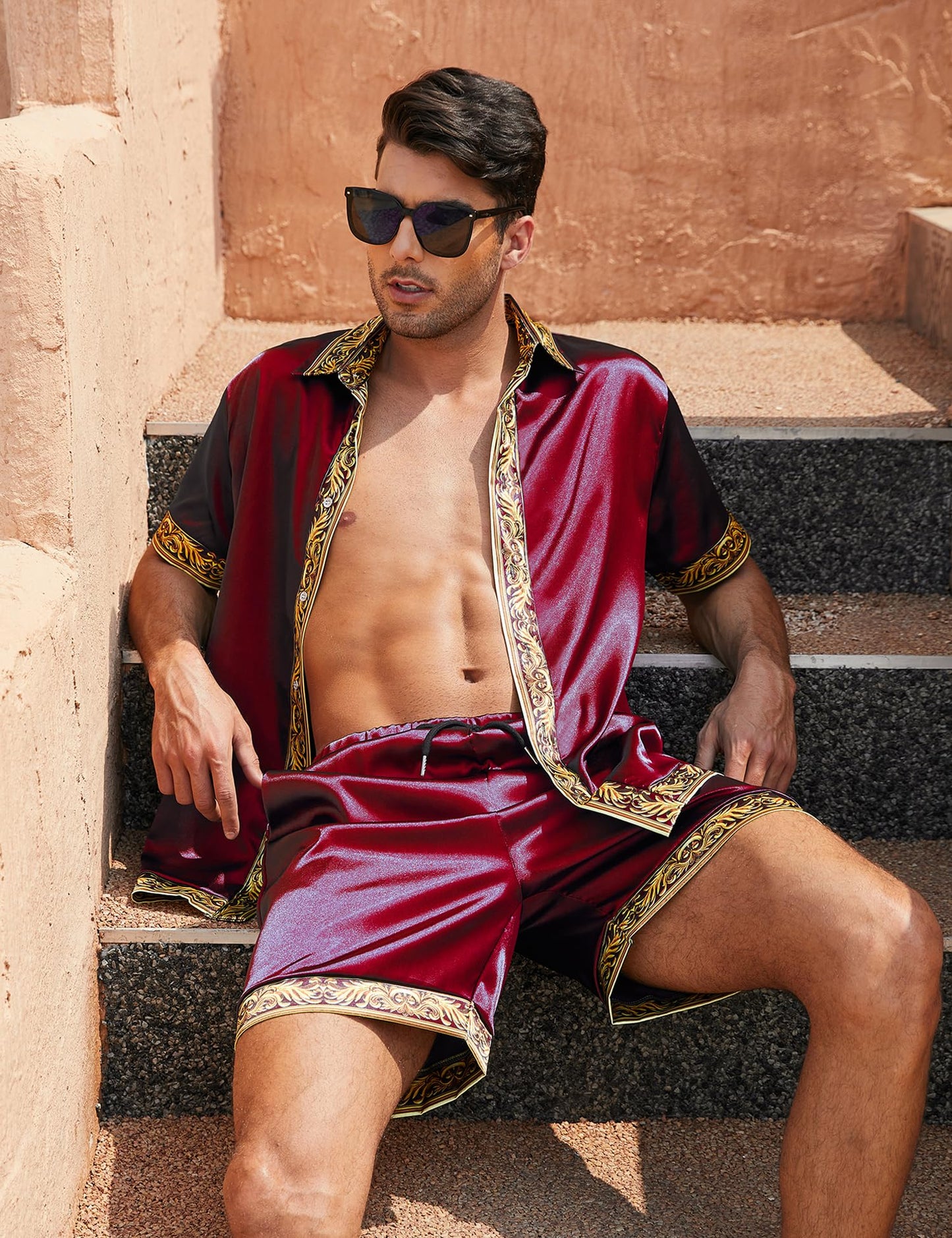 OYOZONE Beach Shorts and Hawaiian Short Sleeve Silk Dress Shirt for Men Summer Outfits