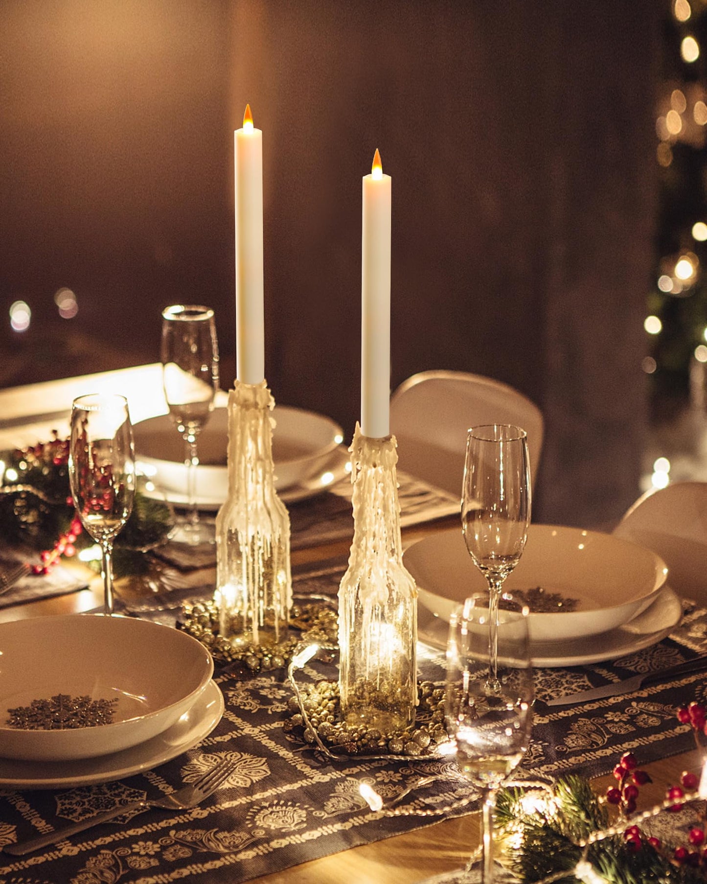 Da by 3 LED Flameless Table Candles with Remote Timer, 9.6 Inch Ivory Candle Holder, Battery Powered 3D Flickering False Flame Window Candle, Free 3 Black Bases