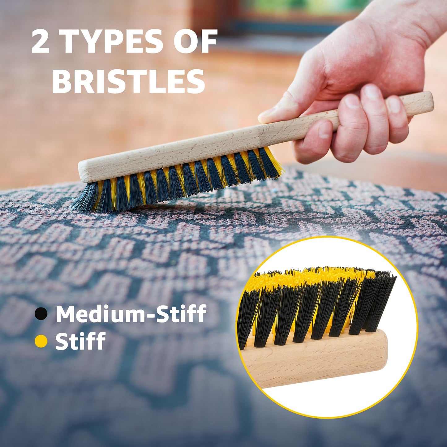 Carpet Cleaning Brush, Scrub Brush with Handle for Floor Mats, Rug Brush, Heavy Duty Carpet Cleaner Brush, Nylon Upholstery Brush for Indoor and Outdoor, Stiff Bristle Car Carpet Brush, Yellow