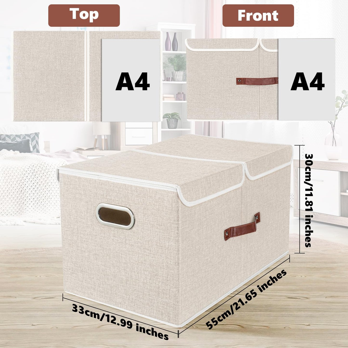 TYEERS Extra Large Collapsible Storage Bins with Lids and Compartments, Washable, Fabric Storage Boxes, 21.7x13x11.8 inches, 2 Pack, Beige