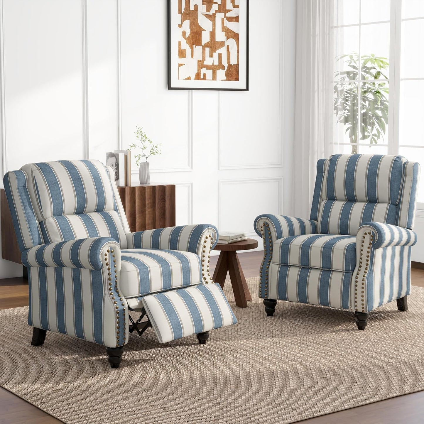 UIXE Pushback Recliner Chairs Set of 2, Fabric Armchair Push Back Accent Chair for Living Room, Rivet Trim Club Chair Overstuffed Home Theater Bedroom Reading Seat - Strip Navy