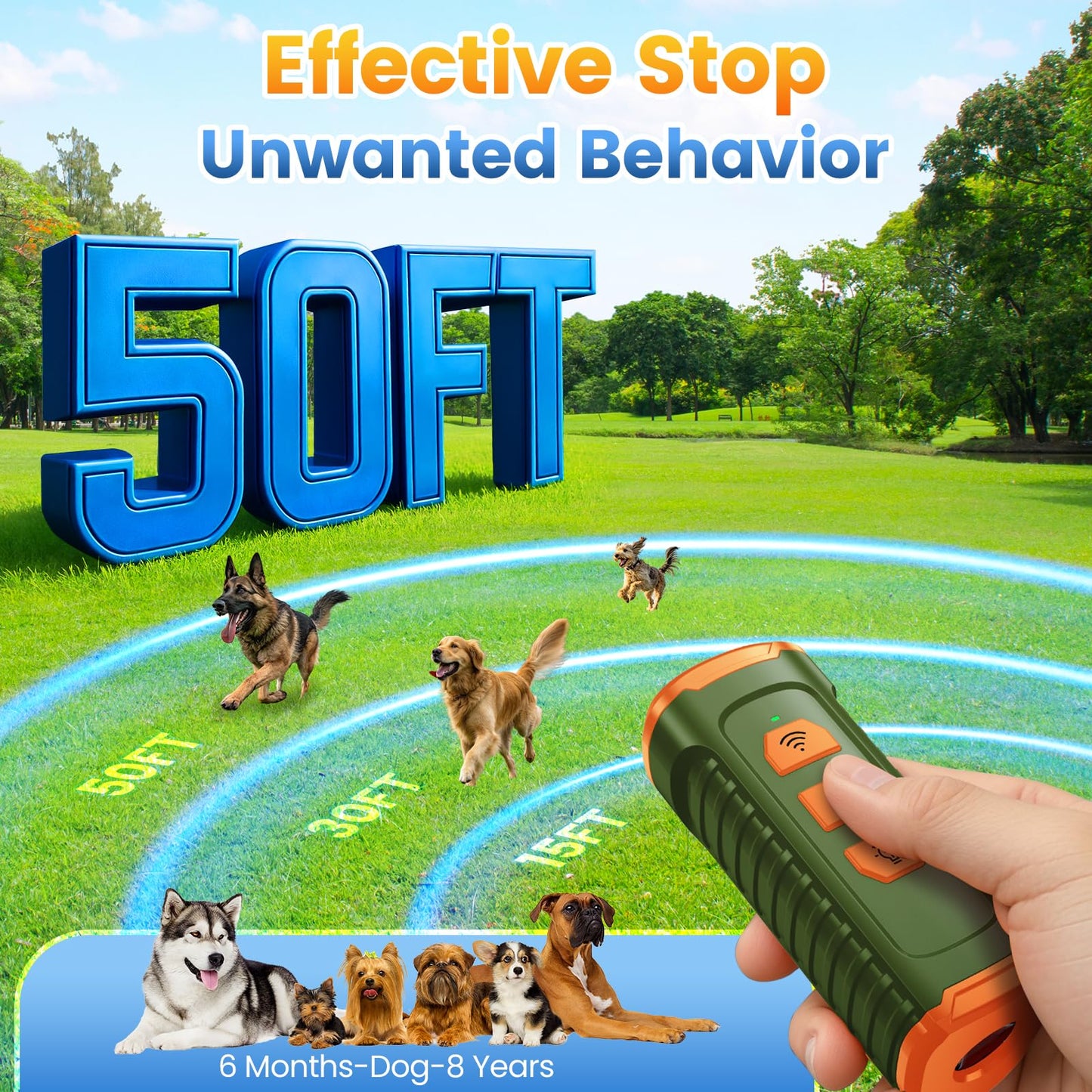 Dog Bark Deterrent Device, Anti Barking Device for Dogs 3X Ultrasonic to Stop Barking Neighbors Dog| 50ft Range, 5 Adjustable Modes, Flashlight & Beep | Safe & Effective for Small, Medium & Large Dogs