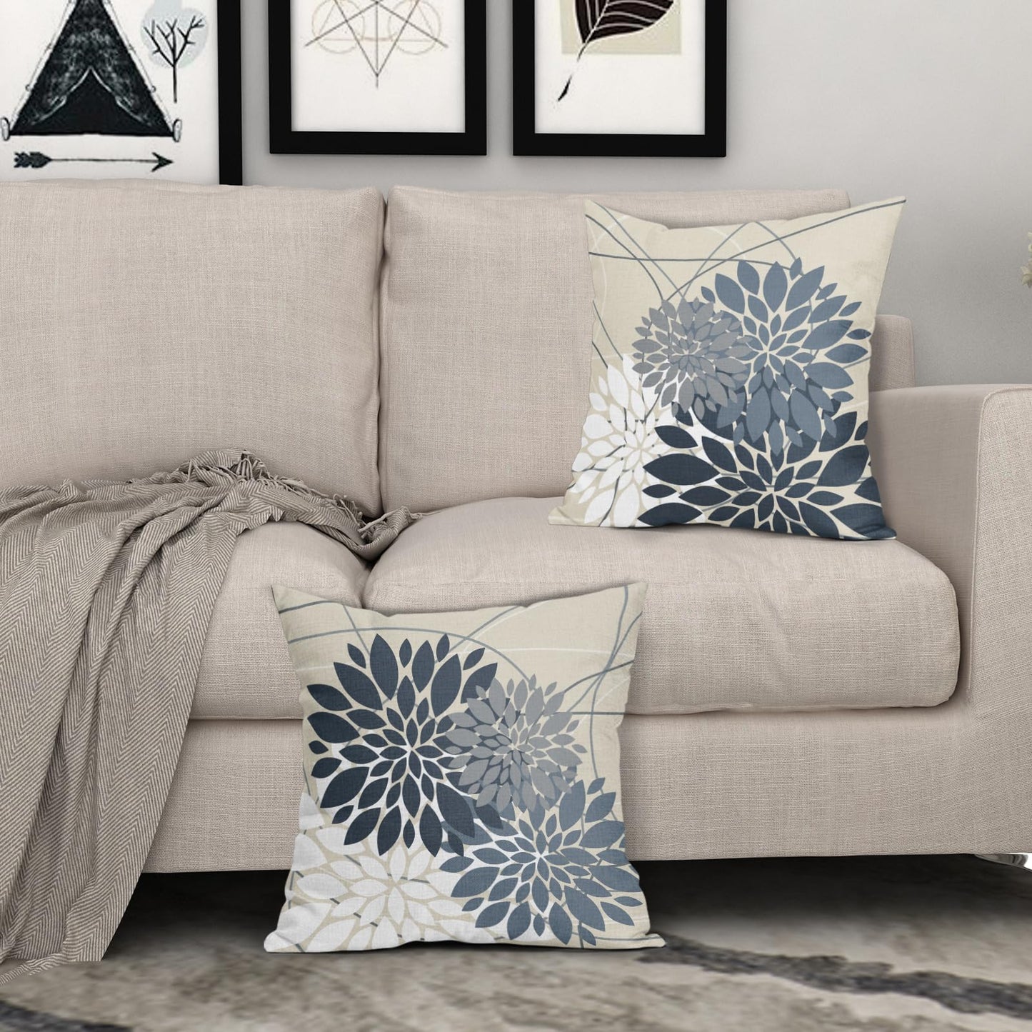Dusty Blue Flower Pillow Covers 18x18 Grey Gray White Dahlia Floral Spring Decorative Throw Pillows Farmhouse Outdoor Seasonal Decor for Home Sofa Bed Couch Modern Square Cushion Cases, Set of 2