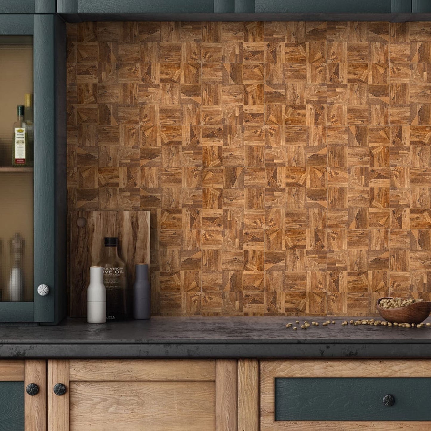 Midcard 10-Sheet Peel and Stick PVC Backsplash Tile, Natural Oak Triangle Puzzle