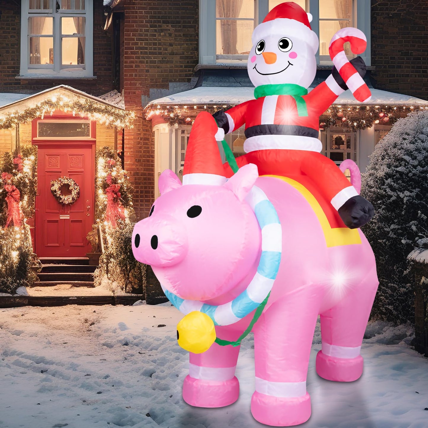 7FT Christmas Inflatables Cute Inflatable Christmas Inflatable Santa with Pink Pig Christmas Decorations Outdoor Christmas Blow Up for Yard, Outside, Built-in LED Lights with Tether