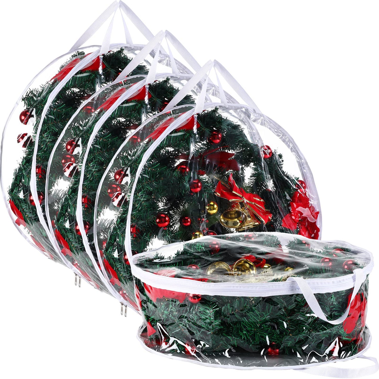Shappy 4 Pieces Clear Christmas Wreath Storage Container 24 Inches Xmas Wreath Storage Bag Plastic Christmas Garland Container with Dual Zippers and Reinforced Handles for Xmas Seasonal (Clear)