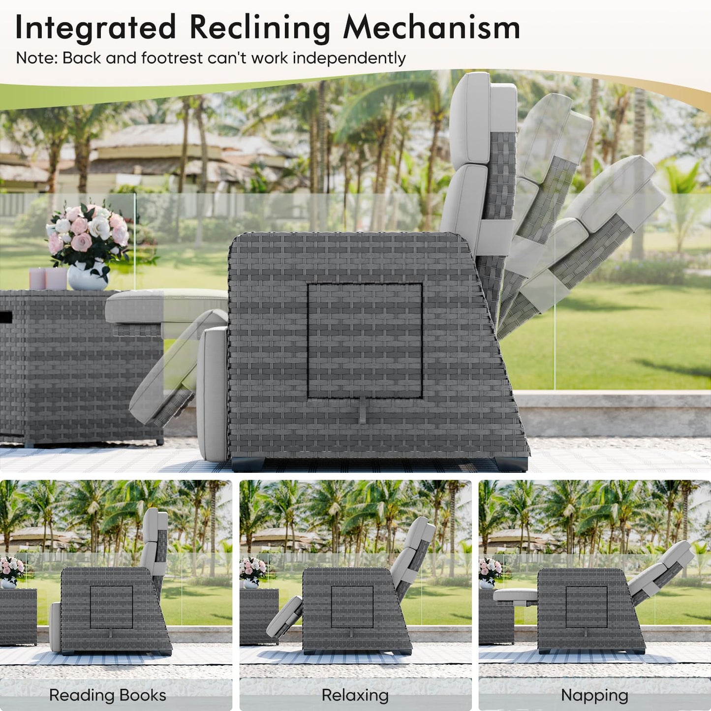 K Knowbody Outdoor Recliner Patio Chair, All-Weather Wicker Furniture Reclining with Air Pump, 150° Lay-Flat Position, Extended Footrest, Flip-Up Side Table, Removable Gray Olefin Cushions