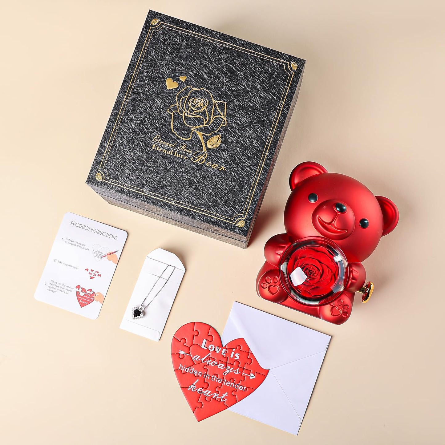 Anthonic Cute Teddy Bear with Preserved Rose - A Real Rose Flower in Bear with Elegant Gift Box - Romantic Gift for Her in Mother's Day, Weddings, Anniversaries, and Bridal Showers (Red)