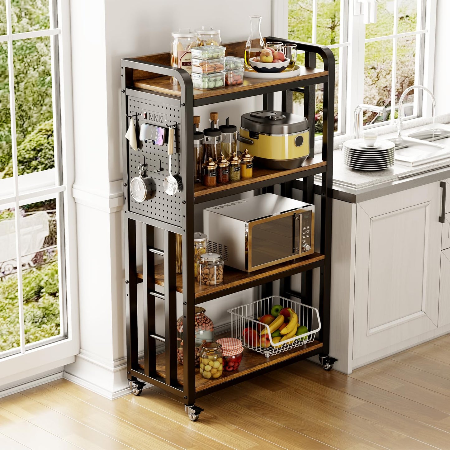 Kitchen Bakers Rack with Power Outlet,With pegboard Bakers Racks,Microwave Oven Stand with Storage 4 Tiers,microwave stand， for Living Room, Dining Room, Coffee Bar(Rustic Brown, 15.75x25.2x55)