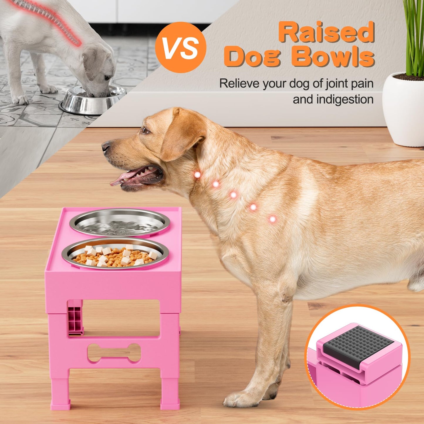 LAKIPETN Elevated Dog Bowls with 2 Stainless Steel Bowls, Raised Dog Food Bowl Stand 5 Height Adjustable (3.1", 9", 10", 11", 12") Non-Slip Feeder Set for Medium and Large Dogs - Pink