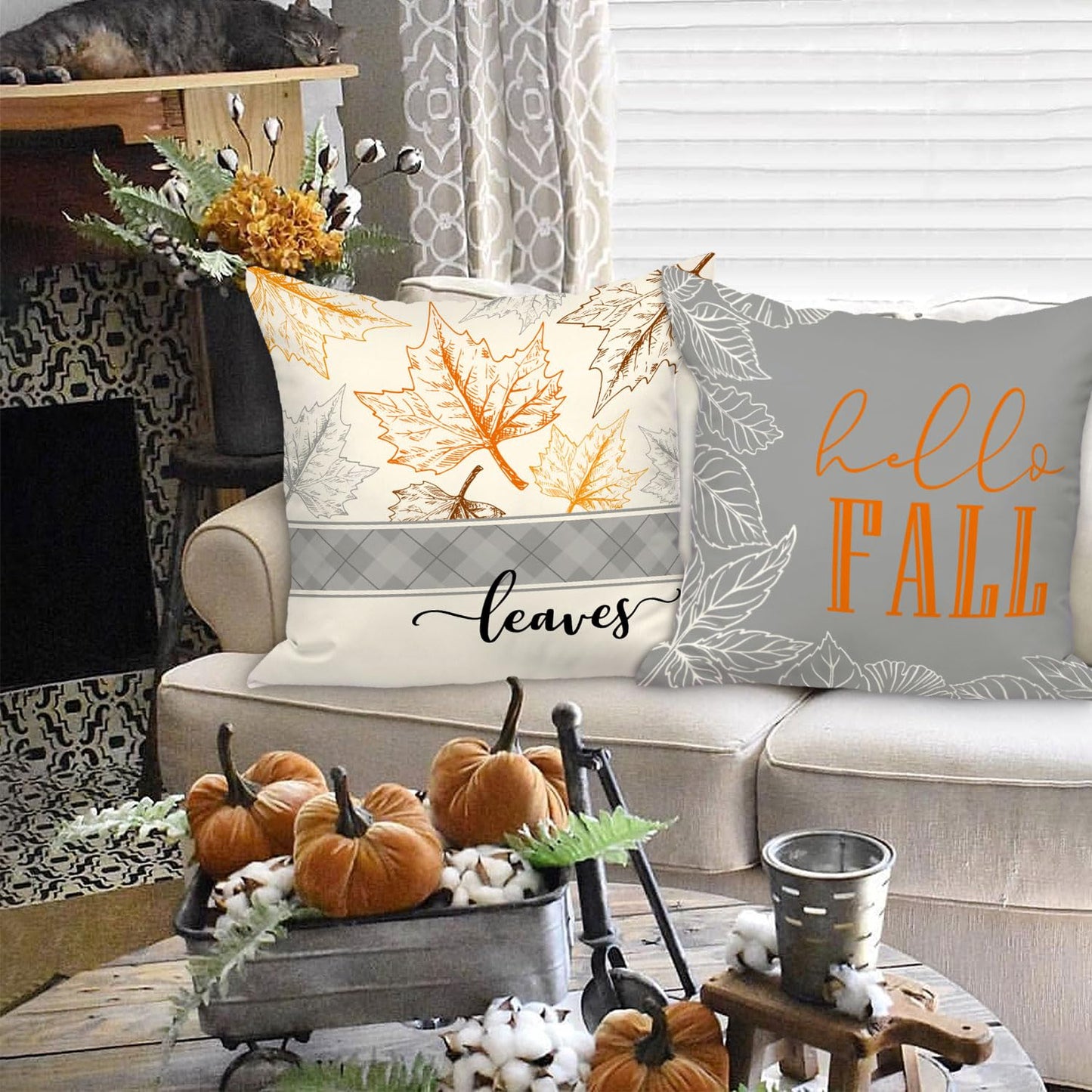 Ywlake 18x18 Fall Pillow Covers Set of 4, Hello Pumpkin Decorative Holiday 18 x 18 Autumn Cushion Covers Thanksgiving Pillow Case for Indoor Home Bedroom Couch Sofa Decor Grey