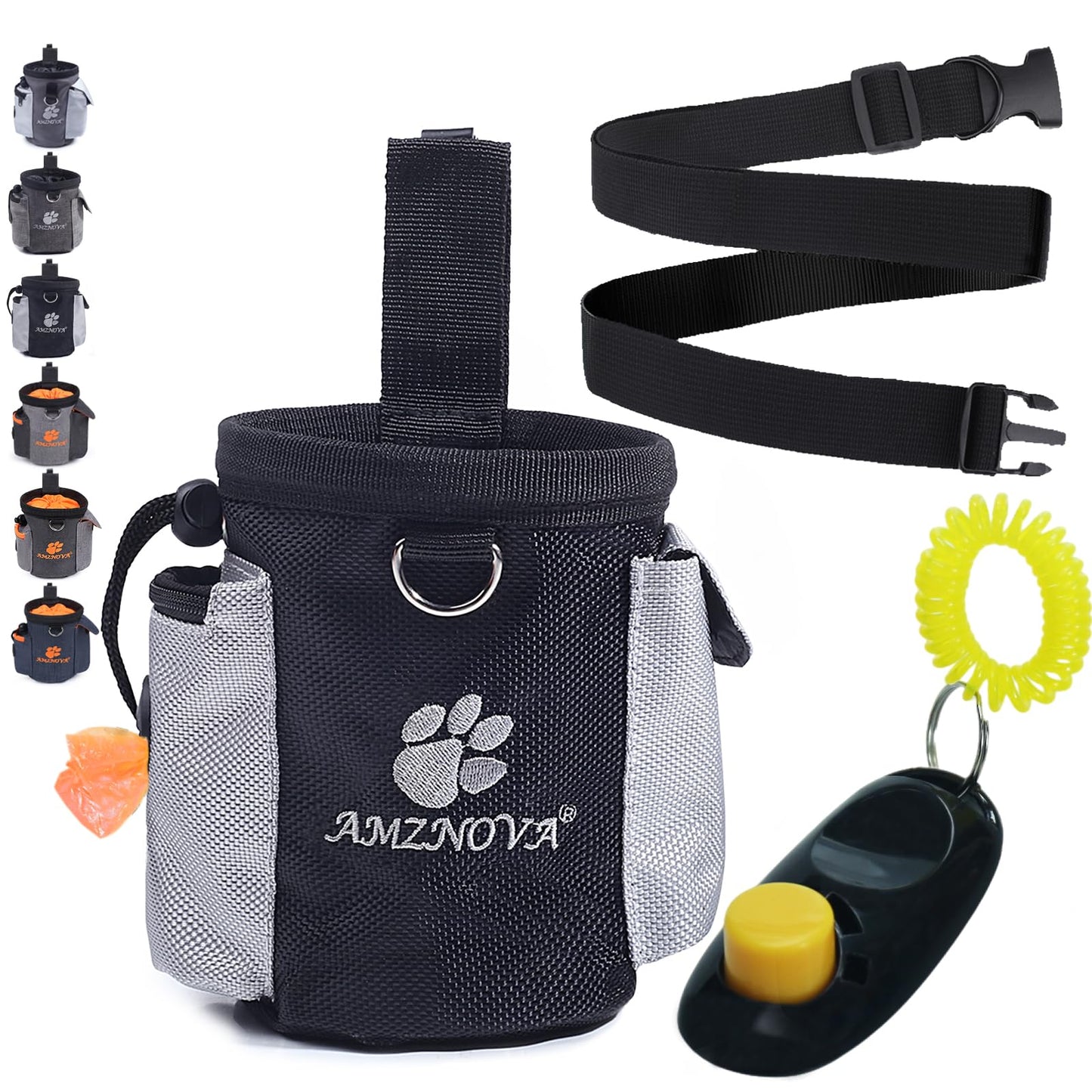 AMZNOVA Dog Treat Bag, Puppy Training Pouch, 3 Cups Animal Walking Snack Container Best Hiking Toys Pack Dispenser Carries with Waistband, Black