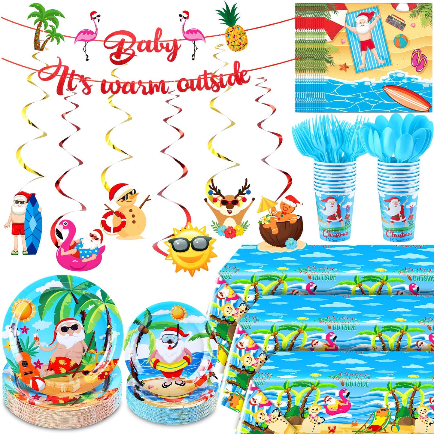 Teenyyou 148 Pcs Summer Christmas Decoration Summer Party Supplies with Disposable Tablecloths Plates Cups Napkins Forks Spoons Banners for Christmas Pool Party Favors