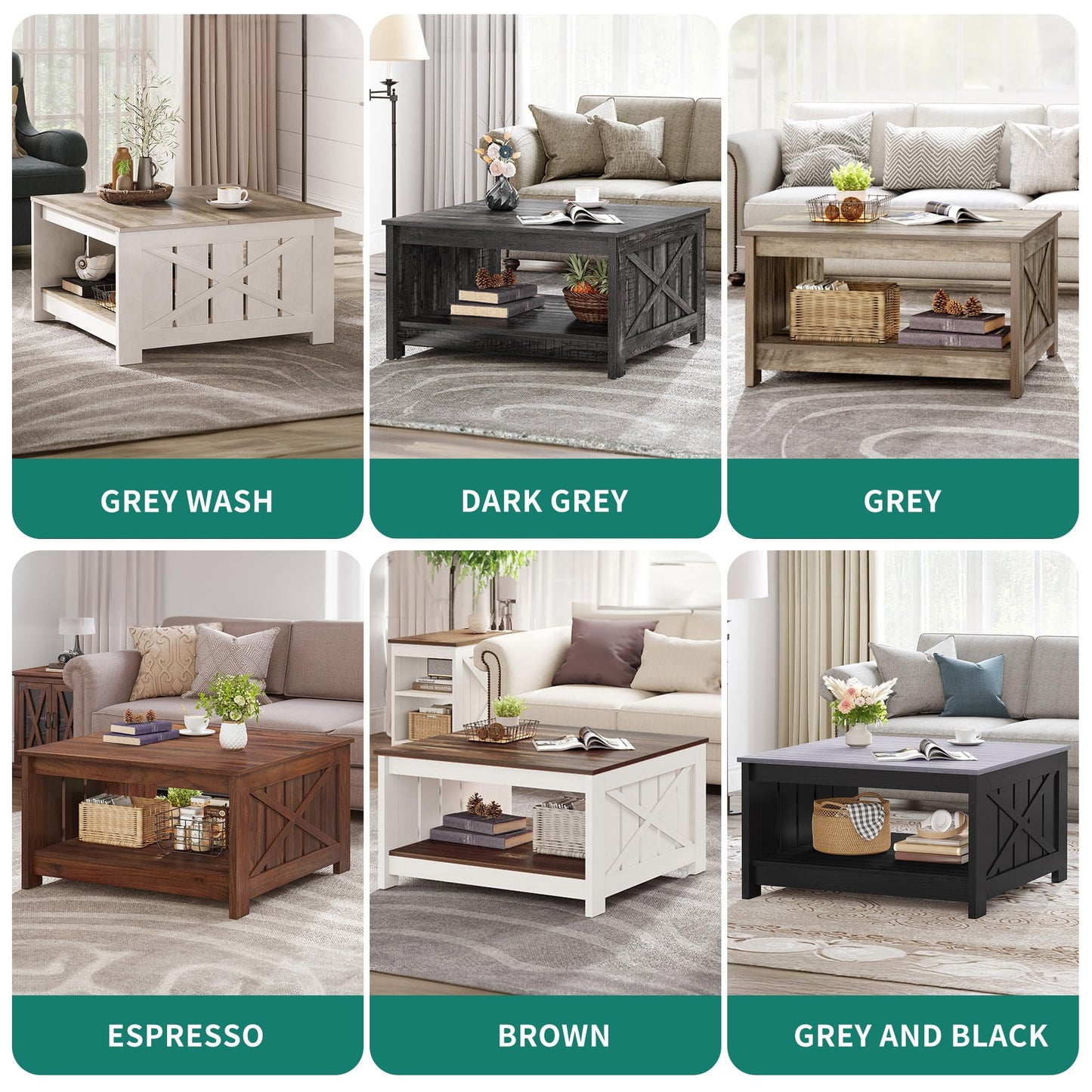 YITAHOME Farmhouse Coffee Table with Storage Rustic Wood Cocktail Table, Square Coffee Tables for Living Meeting Room with Half Open Storage Compartment, Grey and Black