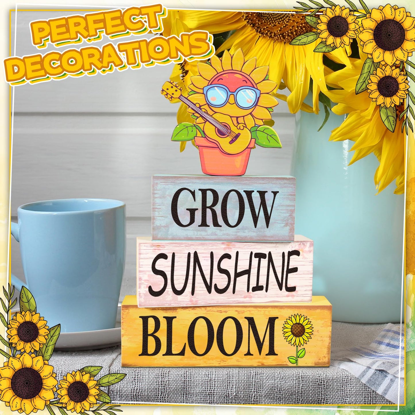 4 Pcs Sunflower Decor for Summer Wooden Tiered Tray Sign – Table Decorations Musician Sunflower Book Stack Block Sunshine Table Centerpiece for Home, Parties & Sunflower Gifts for Women