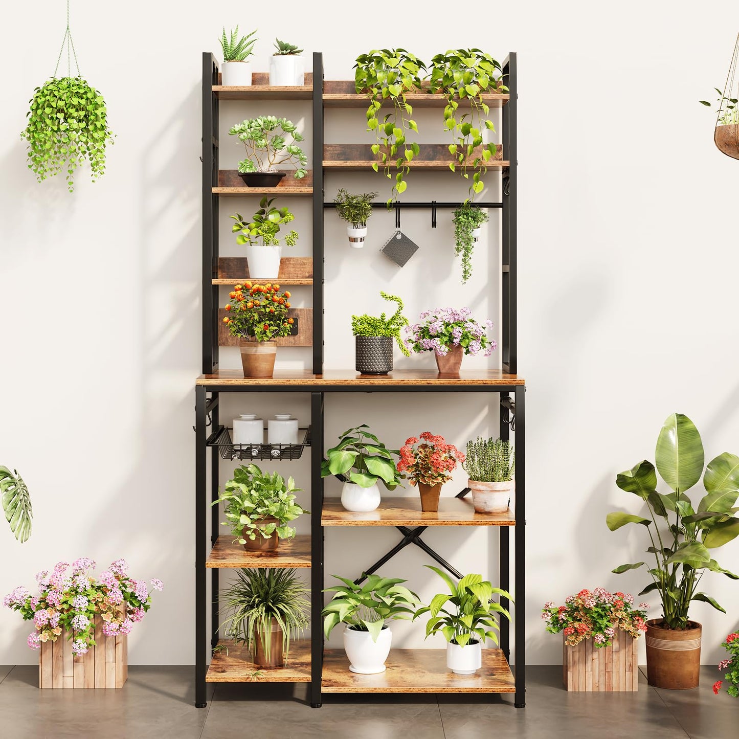 Airynee Bakers Rack with Power Outlet, 7-Tier Microwave Stand, Large Coffee Bar Stand with 12 Hooks & Wire Basket, Metal Kitchen Shelf Organizer for Pots, Spices, Easy Assembly, Rustic Brown