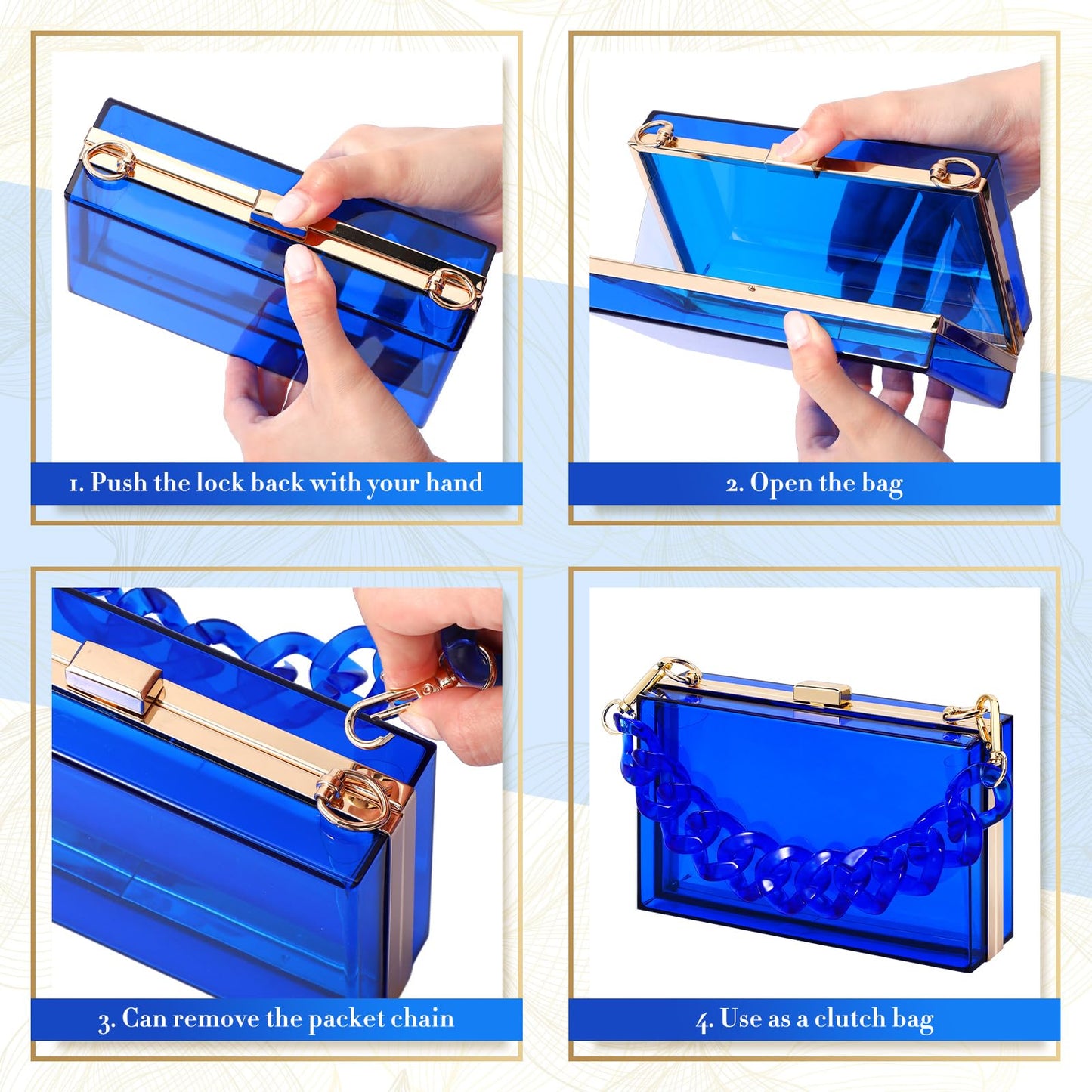 Jadive 4 Pcs Women Acrylic Hand Purse Clear Clutch Evening Bag Retro Earring Bracelet Jewelry Set Neon Vintage Wedding Gift(Blue)