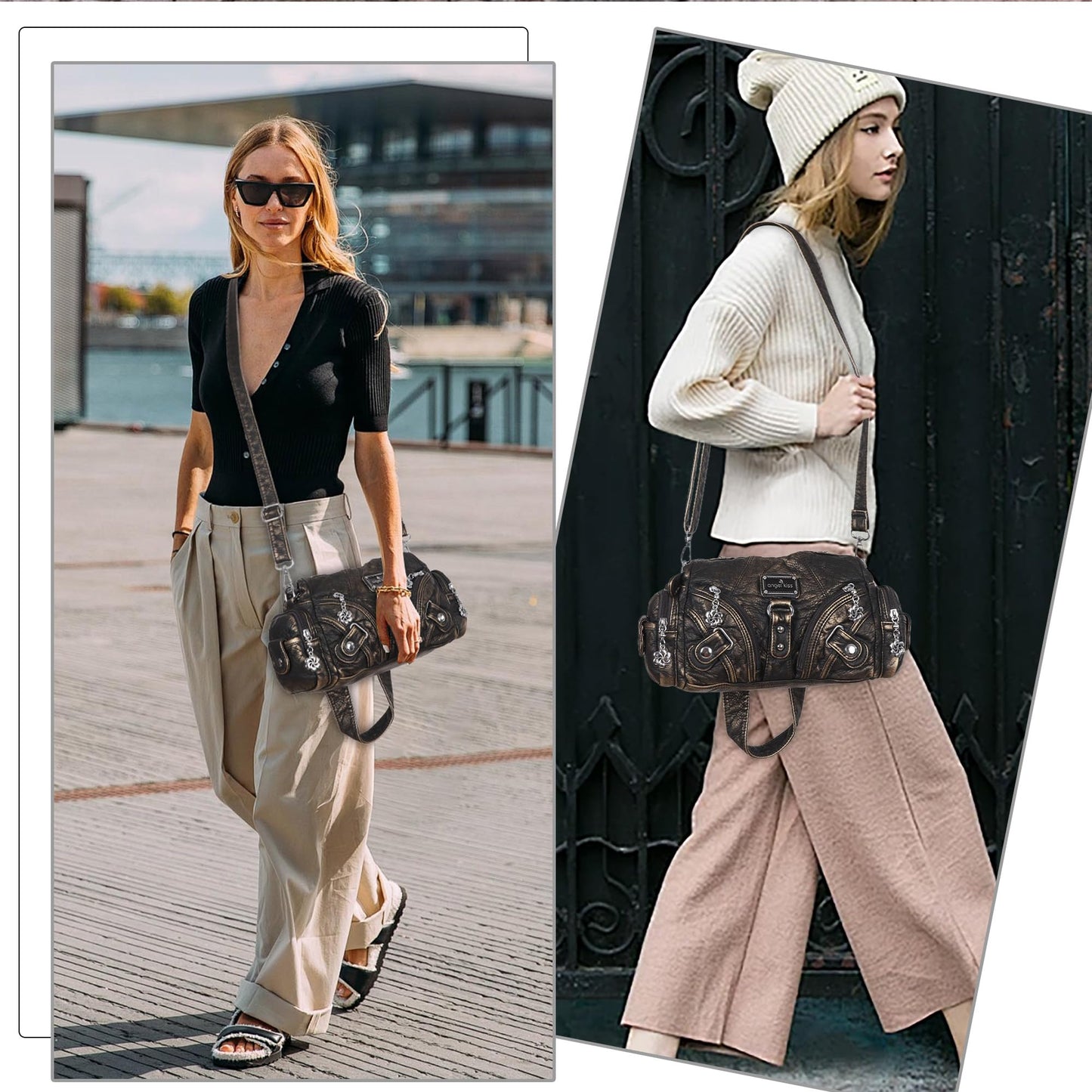 Angel Kiss Purses for Women Small Hobo Shoulder Bags Vagen Leather Multi-Pocket Tote Bag with Zipper (Bronze)