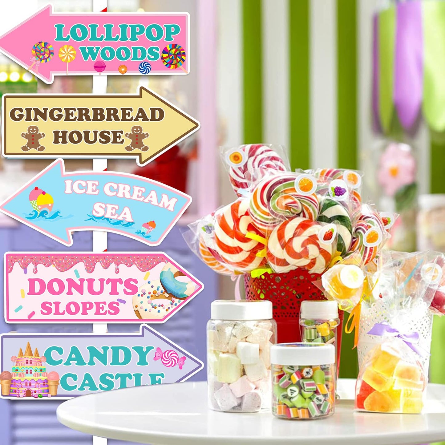 Candyland Party Decorations, Fiesec Welcome to Candy Land Sweet Party Supplies Hanging Sign Arrow Directional Sign Banner Rainbow Color 20 PCs