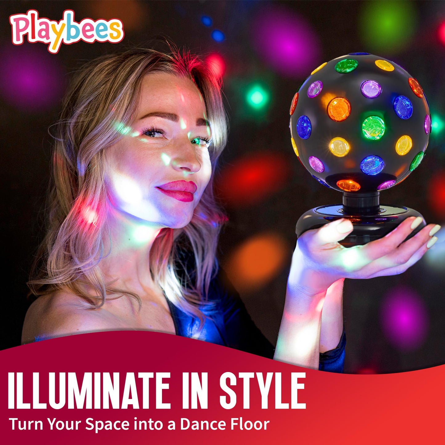 Playbees Rotating Disco Ball with LED Lights - Create a Dazzling Dance Atmosphere - Neon Birthday Party Vibes - Dance Party Supplies & Accessories - 11"