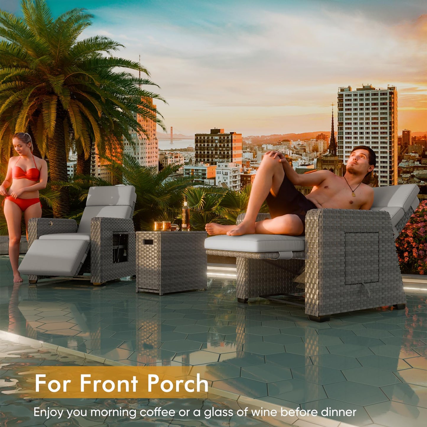 K Knowbody Outdoor Recliner Patio Chair, All-Weather Wicker Furniture Reclining with Air Pump, 150° Lay-Flat Position, Extended Footrest, Flip-Up Side Table, Removable Gray Olefin Cushions