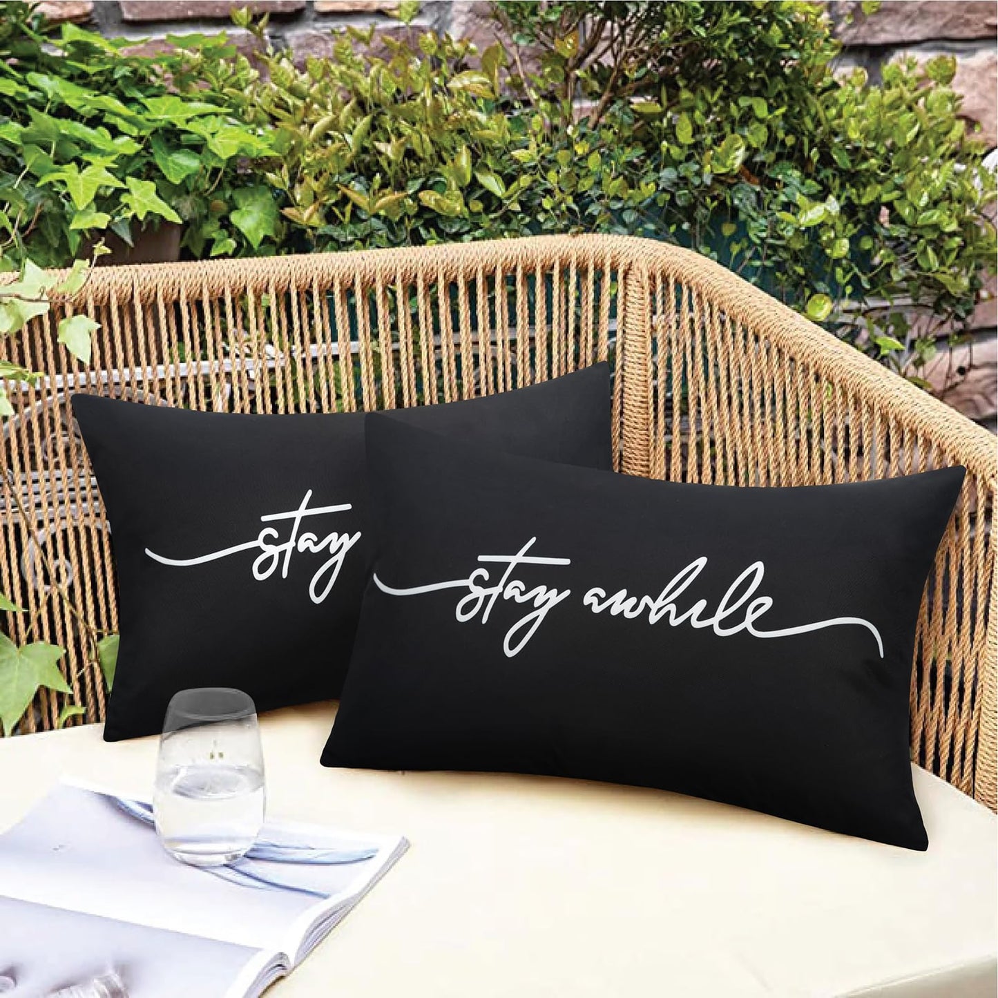 Adabana Outdoor Waterproof Throw Pillow Covers Set of 2 Stay awhile Decorative Outdoor Lumbar Pillows Cover for Patio Garden Porch Black 12x20 Inch