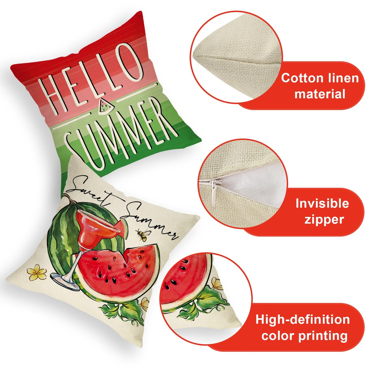 Ussap Hello Summer Watermelon Decorative Throw Pillow Covers 18 x 18 Set of 4, Life is Sweet Red Green Stripes Cushion Case Decor, Summer Vibes Fruit Juice Bees Seasonal Home Decoration for Sofa Couch