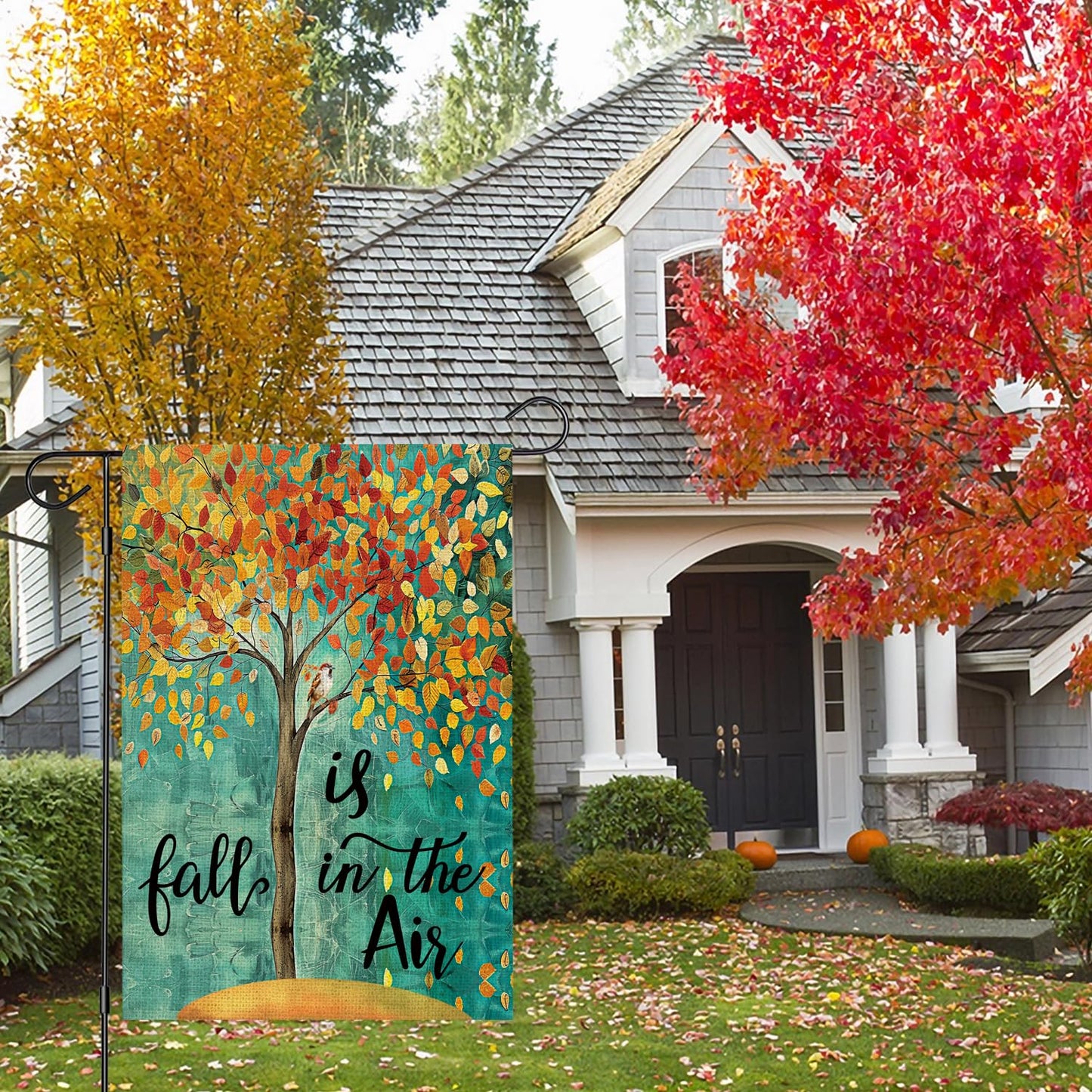 OQUAYA Fall Garden Flag 12x18 Inch Double Sided, Small Burlap Autumn Tree Maple Leaves Seasonal Yard Outdoor Flag