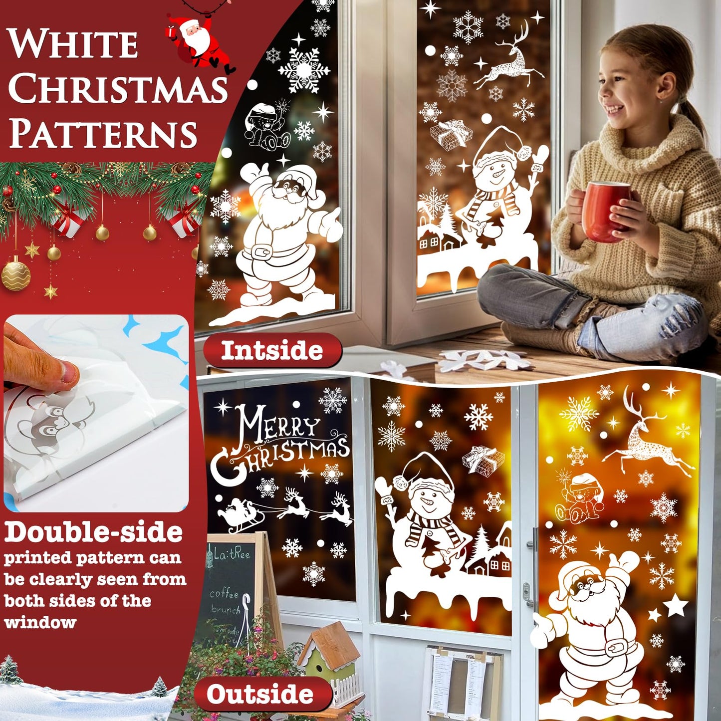 236PCS Double-Sided Snowflakes Christmas Window Stickers, Snowman Xmas Decorations Stickers for Glass Window, Reusable Christmas Decorations