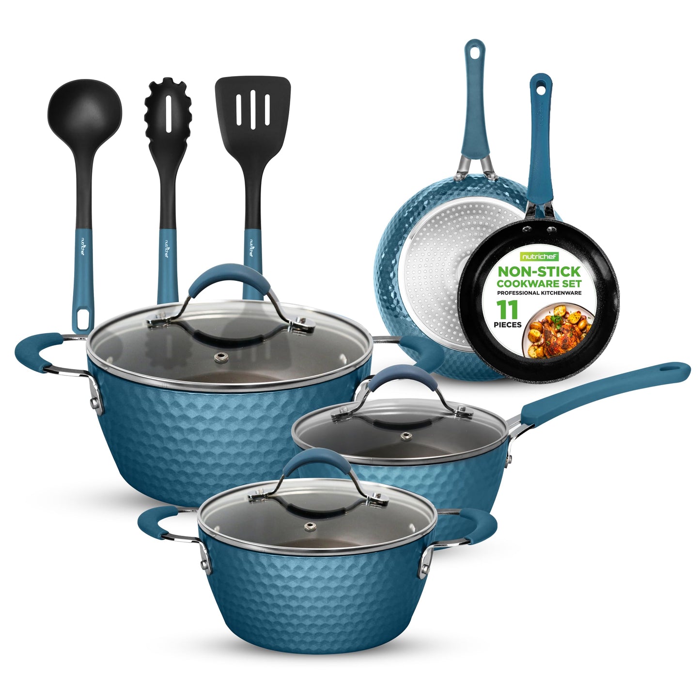 NutriChef 11 Pc Ceramic Cookware Set - Excilon Blue Diamond, Nonstick, Induction Ready, Includes Saucepan, Fry Pans, Dutch Oven, Utensils, Dishwasher Safe - NCCW11BD.7