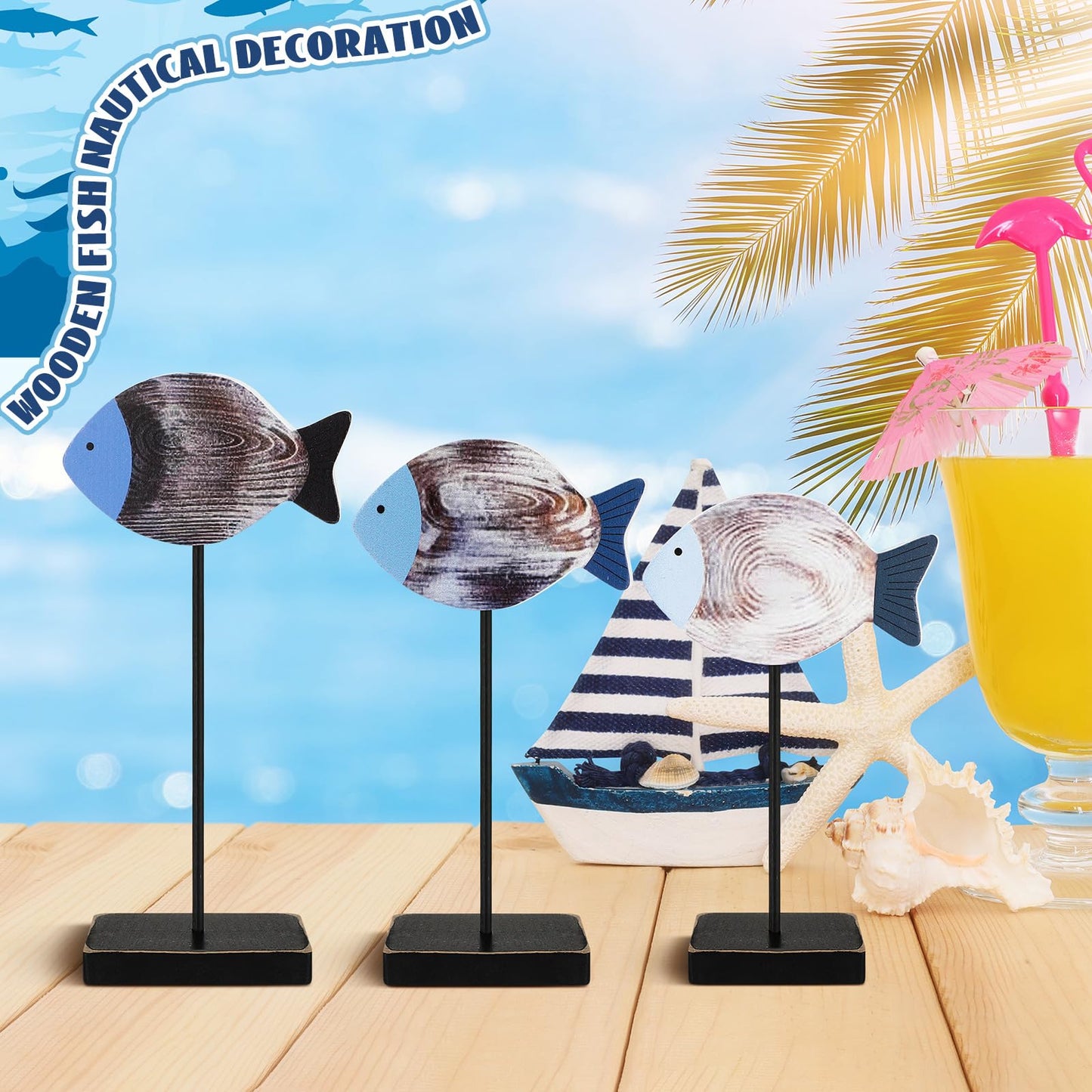 Yuntau 3 Pcs Wooden Sea Fish Table Decor Beach House Decor Rustic Wood Fish Decor Summer Coastal Farmhouse Decor Ocean Tiered Tray Decor for Home Office Bedroom Table Shelf Desk