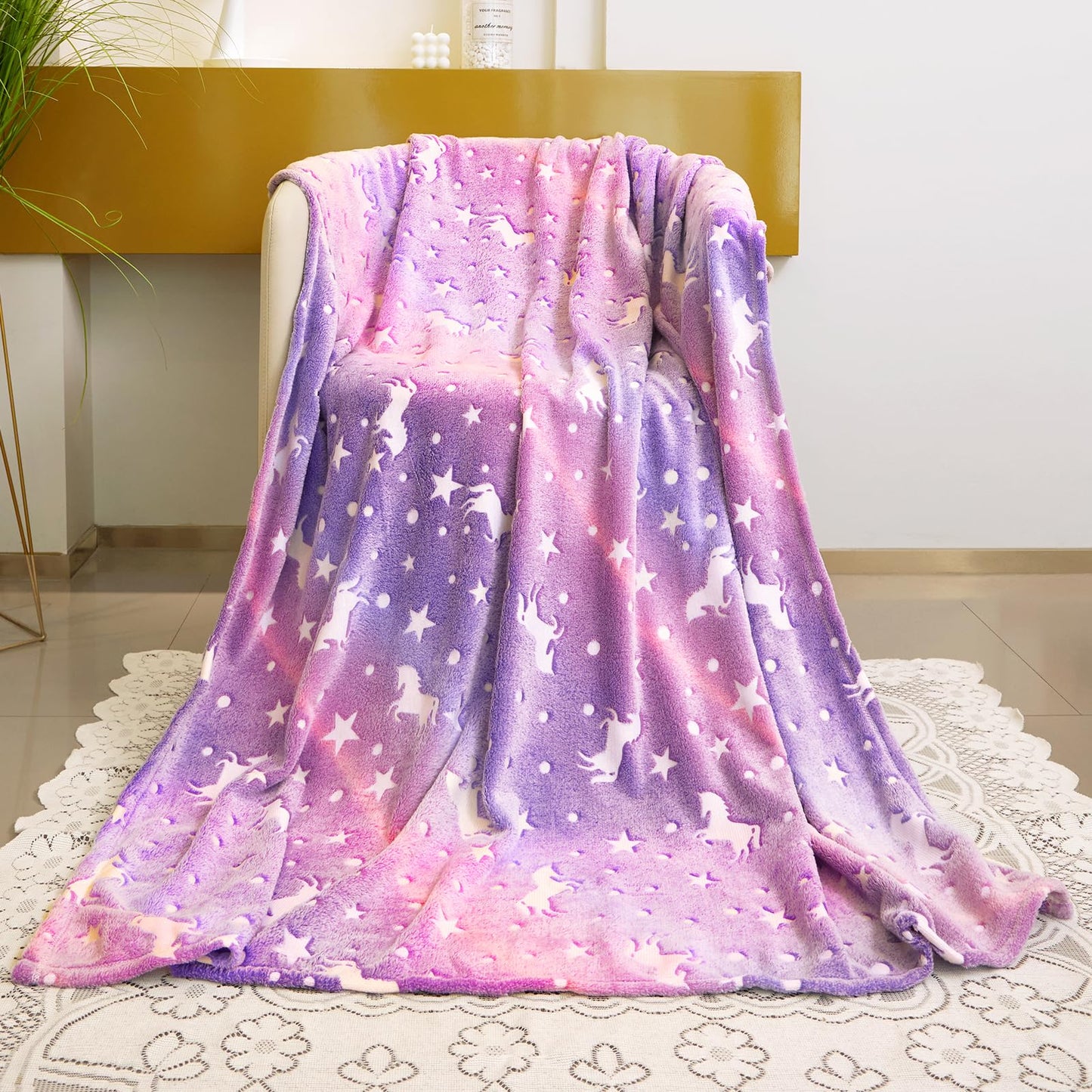 Unicorn Blanket for Girls, Glow in The Dark Blankets for Kids, 50" x 60" Rainbow Throw Blanket Soft Fleece Luminous Toddler Blanket Birthday Gifts for Age 2 3 4 5 6 7 8 9 10 11 12 Year Old, Purple