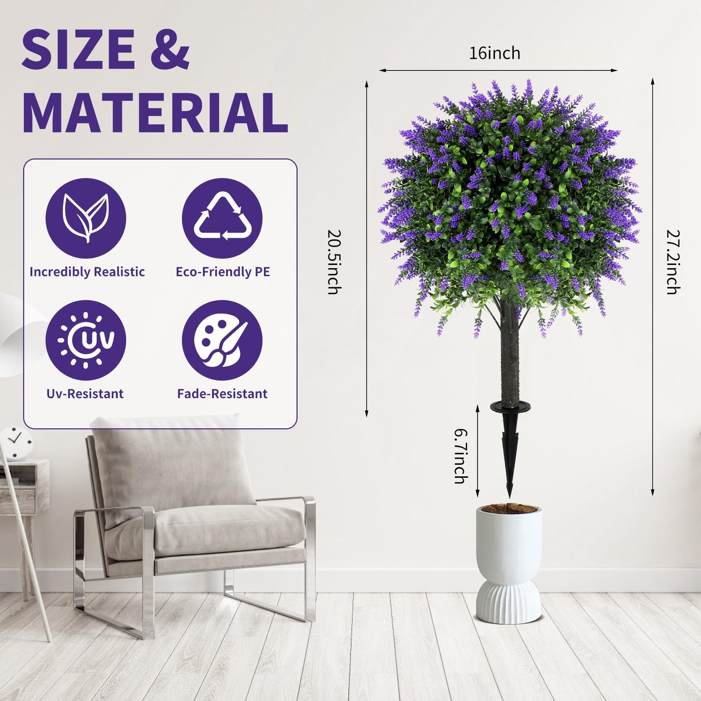 27.2" Artificial Lavender Topiary Set of 2 with Spike, Fake Plants Boxwood Balls Greenery Shrubs , Uv Resistant Artificial Push in Flowers Bushes for Outdoor Front Porch Decor, Home Faux Plants Indoor