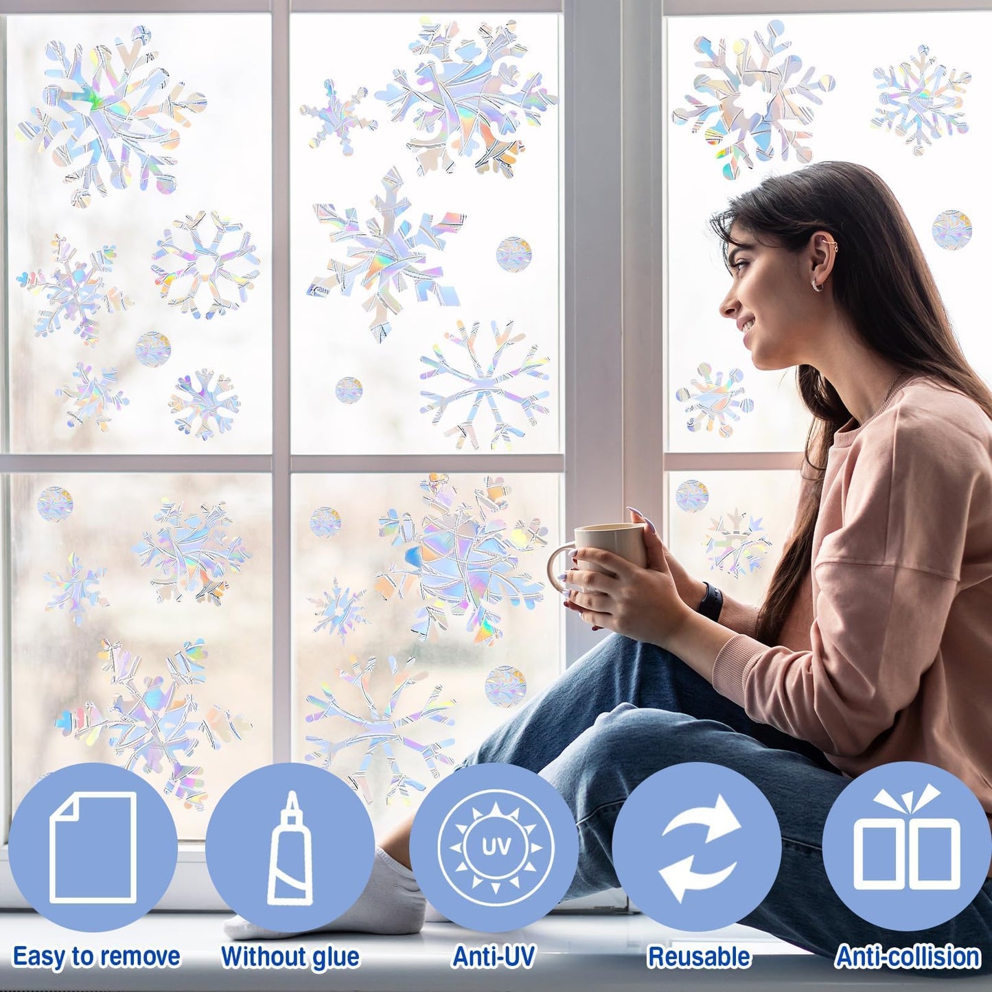 216pcs Christmas Snowflake Window Clings for Glass Windows Decorations, 8 Sheets Iridescent Static Snowflake Window Decal Stickers for Christmas Windows Decor ﻿