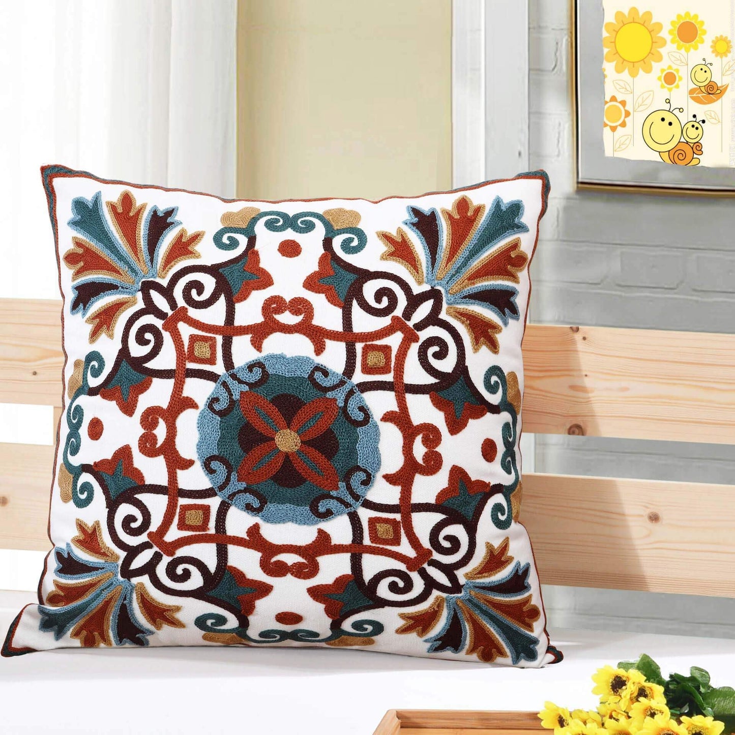 Oneslong Decorative Throw Pillows Cover 18x18inch Pack of 1 Embroidered Pattern 100% Cotton Couch Pillow Covers for Living Room Sofa Chair