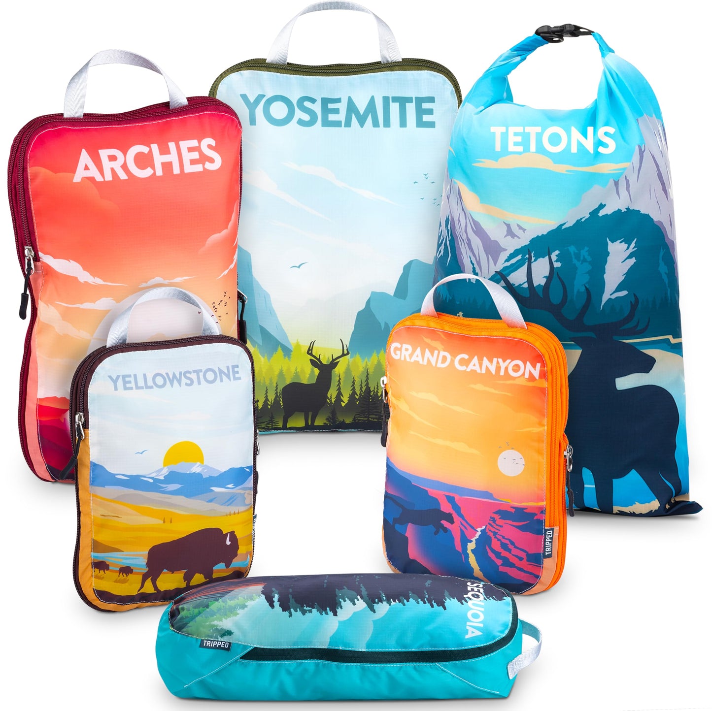 Compression Packing Cubes 6 Piece Set for Travel - Lightweight, Durable Clothes Organizer for Carry-On Luggage and Backpacks by TRIPPED Travel Gear (National Park)