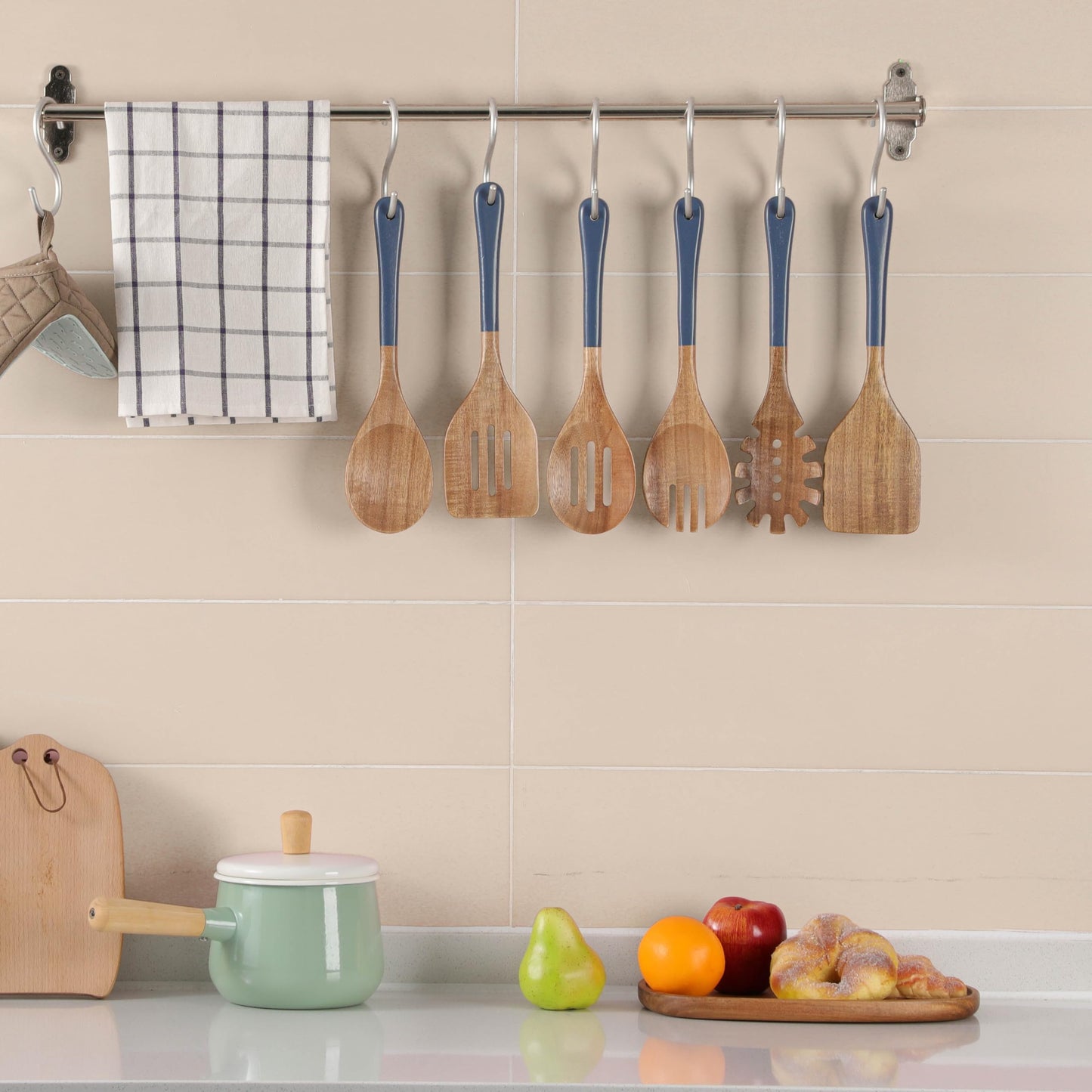 ROSOS Wooden Spoons For Cooking, 6 PCS Natural Acacia Wooden Cooking Utensils, Non-Stick Wood Kitchen Utensil Set for Kitchen Essentials, Smooth Grip Wood Cooking Spoons with Hanging Hole, Blue