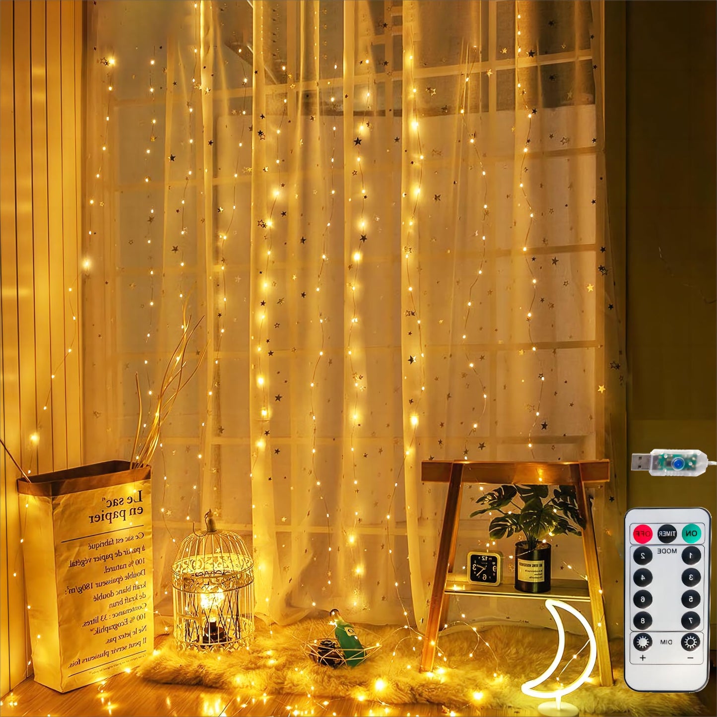 Honche 300Led Cuttable Curtain String Lights 10x10ft with Remote Window Lights for Bedroom Wedding Party Festive Season Propose Marriage (Warm White)