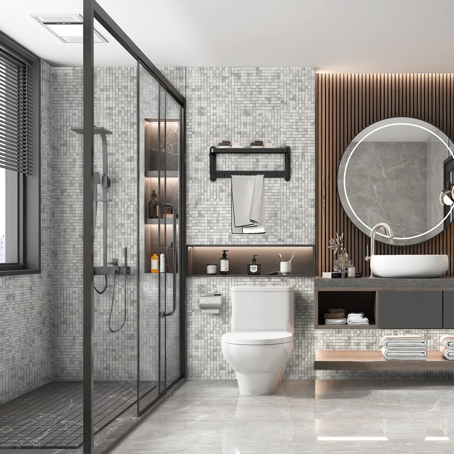 Midcard 6 Sheet Jazz White Gray Marble Square Mosaic backsplash Tile, Polished Shower Room Floor and Wall Tile