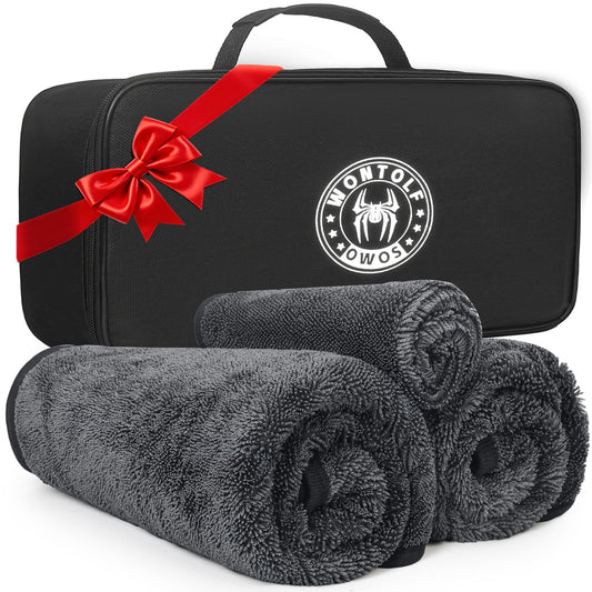 Wontolf 3-Pack Car Drying Towel with Storage Bag, Drying Towels Car Detailing, Ultra Absorbent Microfiber Towels for Cars and Trucks (2 * 35" x 24", 1 * 11.8''x11.8''), Streak Free, No Water Spots