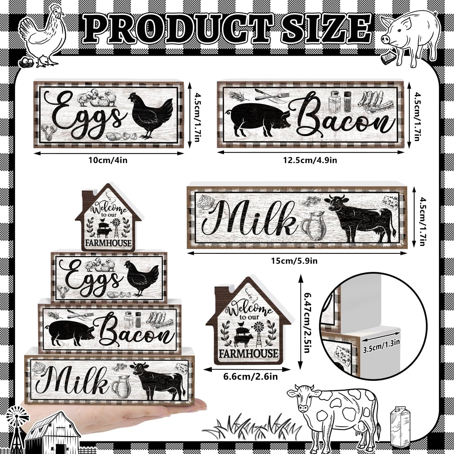 TOMPOP 4 Pcs Farmhouse Decor Wooden Tiered Tray Signs, Rustic Rooster Pig Cow Decorative Faux Book Stack Block Farm Animal Distressed Tabletop Centerpieces for Home Kitchen Shelf Table Decorations