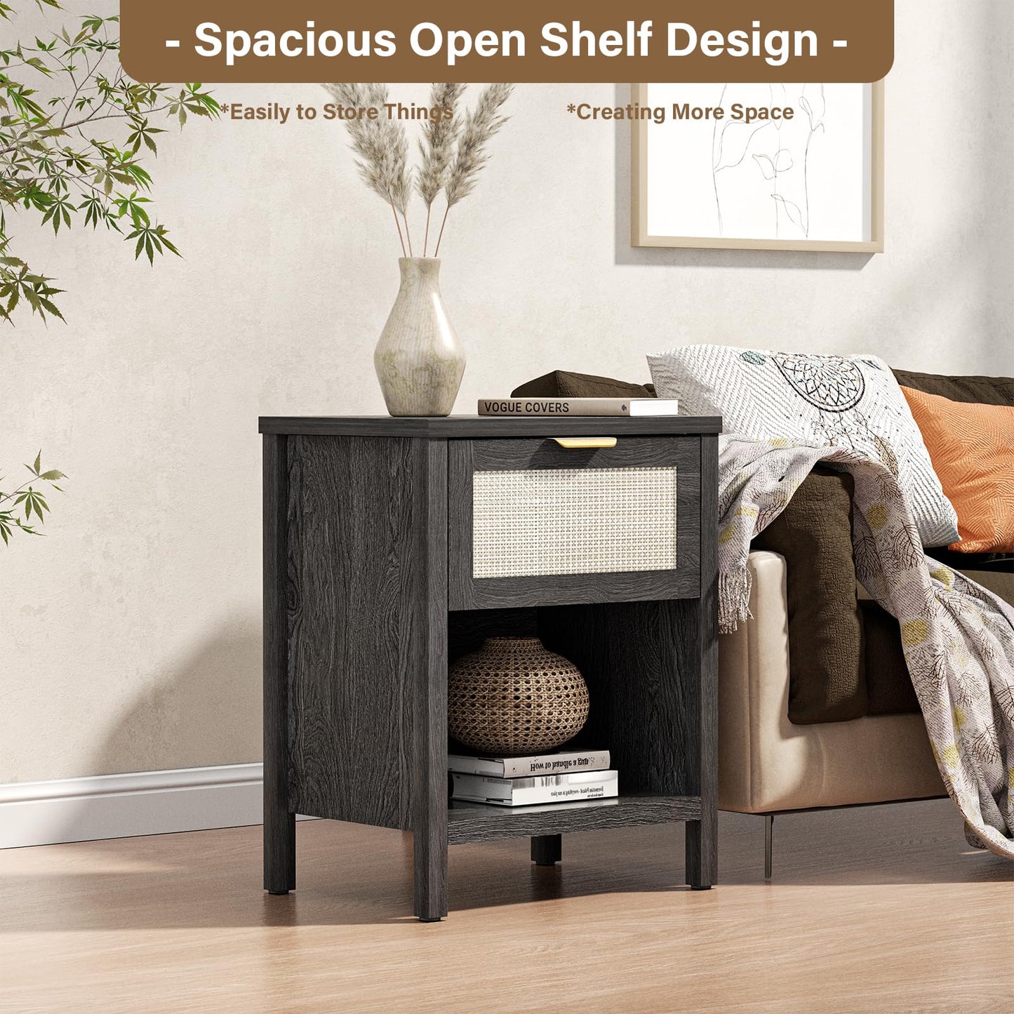 DEMEGA Rattan Nightstand Set of 2 Black Night Stand Bedside Table with Drawer and Storage Shelf Boho Side Table for Bedroom End Tables