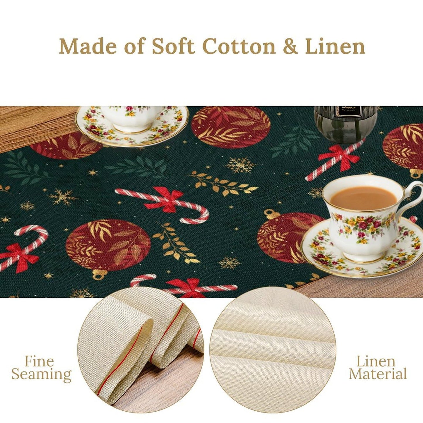 Christmas Table Runner,Green Red Xmas Balls Winter Holiday Dinner Table Decoration for Home Living Room Kitchen Dining Room 13x36in