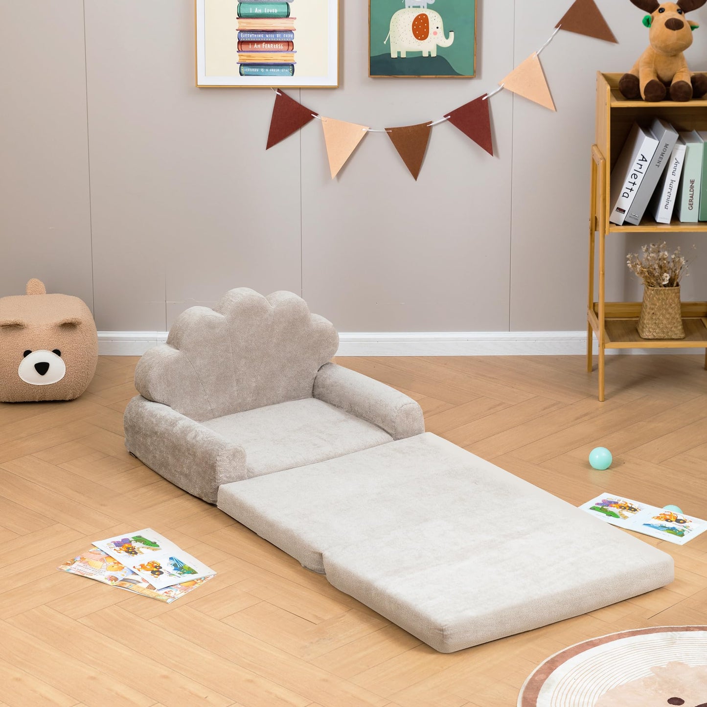 spanspace 2-in-1 Kids Couch, Toddler Couch Fold Out, Comfy Toddler Chair, Convertible Kids Sofa to Lounger with Pocket and Removable Cover