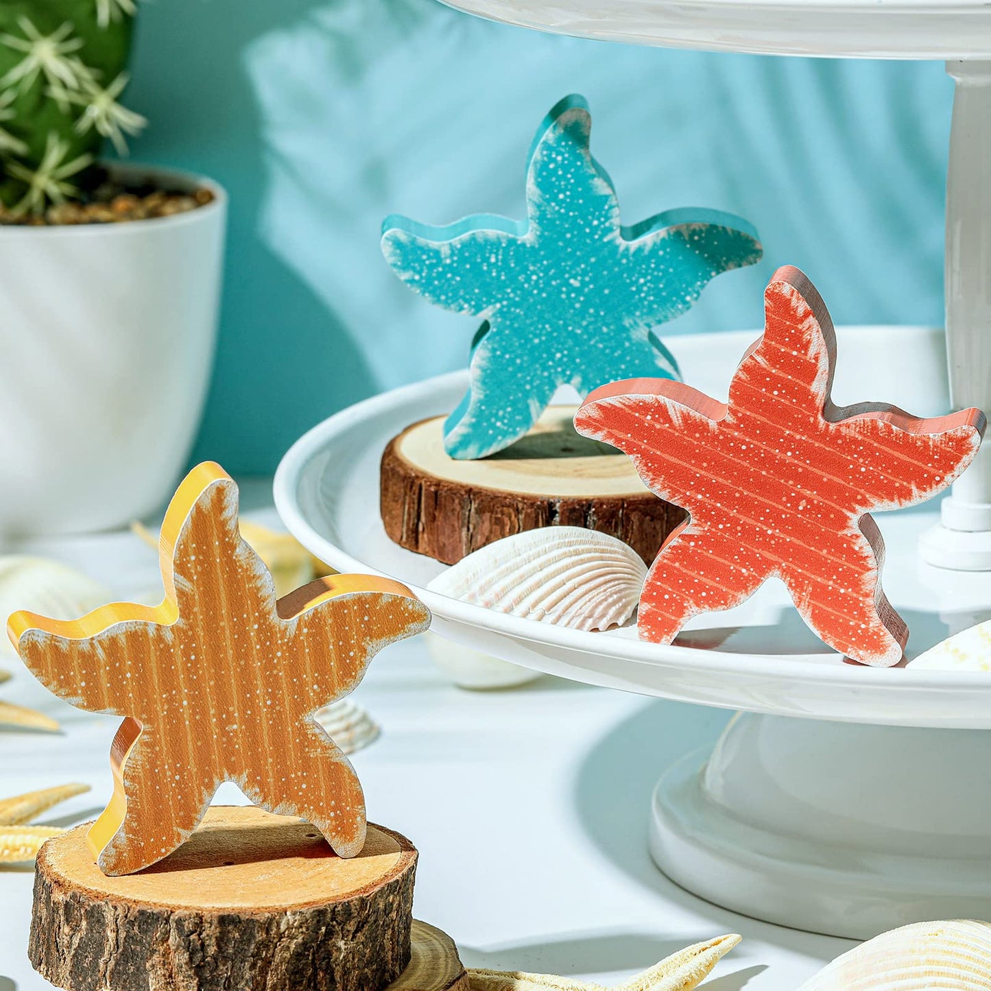 3 Pcs Ocean Beach Tiered Tray Decor Items Mini Summer Wooden Sign Set Farmhouse Rustic Wood Decorative Nautical Baby Shower Decorations for Home Office Bedroom Table Shelf Desk (Starfish)