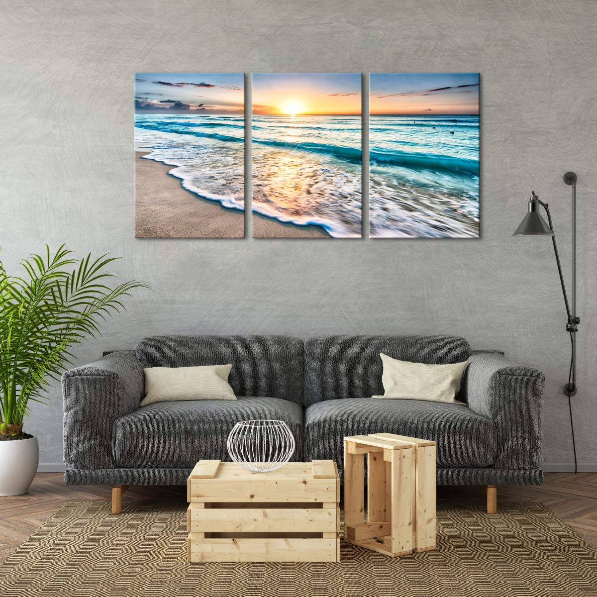 Wieco Art 3 Panels Blue Beach Sunrise White Wave Pictures on Canvas Wall Art Modern Stretched Seascape Canvas Prints Seaview Artwork for Home Office Decorations